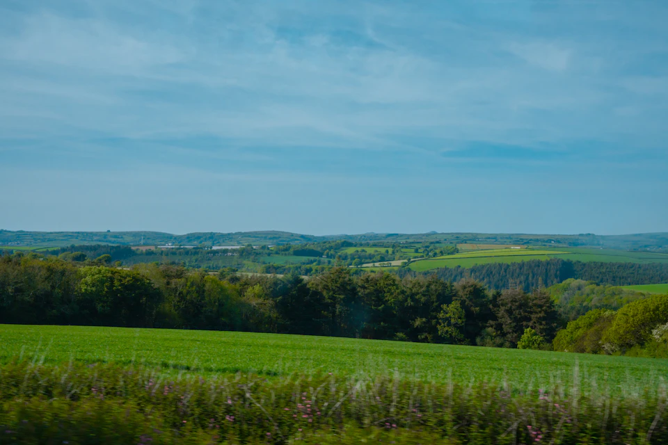 The image depicts a serene landscape with a vast, open field covered in lush green grass that stretches out to meet rolling hills and mountains in the distance. The sky above is a clear blue, dotted with fluffy white clouds. The perspective suggests the photo was taken from within or near this expansive field, offering a panoramic view of the surrounding countryside.

The predominant colors in the image are shades of green and blue, creating a tranquil atmosphere. The field's vibrant green color contrasts beautifully with the clear sky above, while the rolling hills and mountains add depth to the scene.