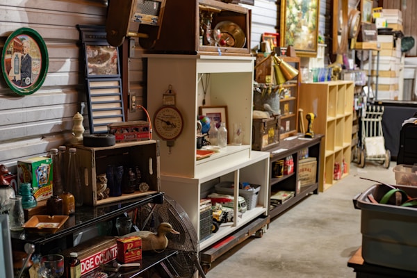 A cluttered antique store or flea market display with various vintage items on shelves and tables. There are old bottles, a fan, books, decorative plates, vintage signs, and a duck figurine. The setting is a dimly lit room with multiple wooden and metal shelving units filled with collectables and artifacts, giving a rustic and nostalgic feel.
