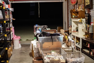 A cluttered garage or storage space with various items and boxes organized on shelves and tables. Visible are plastic containers filled with miscellaneous objects, a pink toilet, wooden and metal shelves with collectibles, and small furniture pieces. The space is dimly lit and extends into darkness at the back.