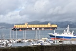 A large cargo ship loaded with multiple rows of orange containers navigates through a body of water. In the foreground, smaller boats are docked in a marina, and seagulls are flying above. The weather appears overcast, with clouds covering the sky and mountains in the background.