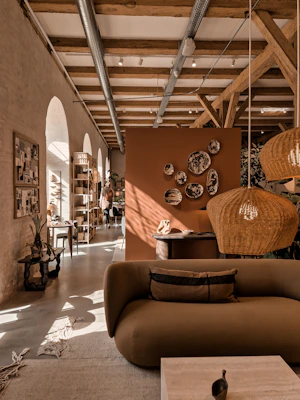 A cozy living room corner featuring a handwoven natural fiber rug and earthy-toned cushions.