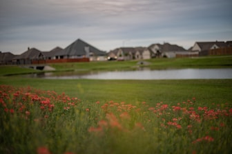 Peaceful condominium garden with neighbors chatting and children playing