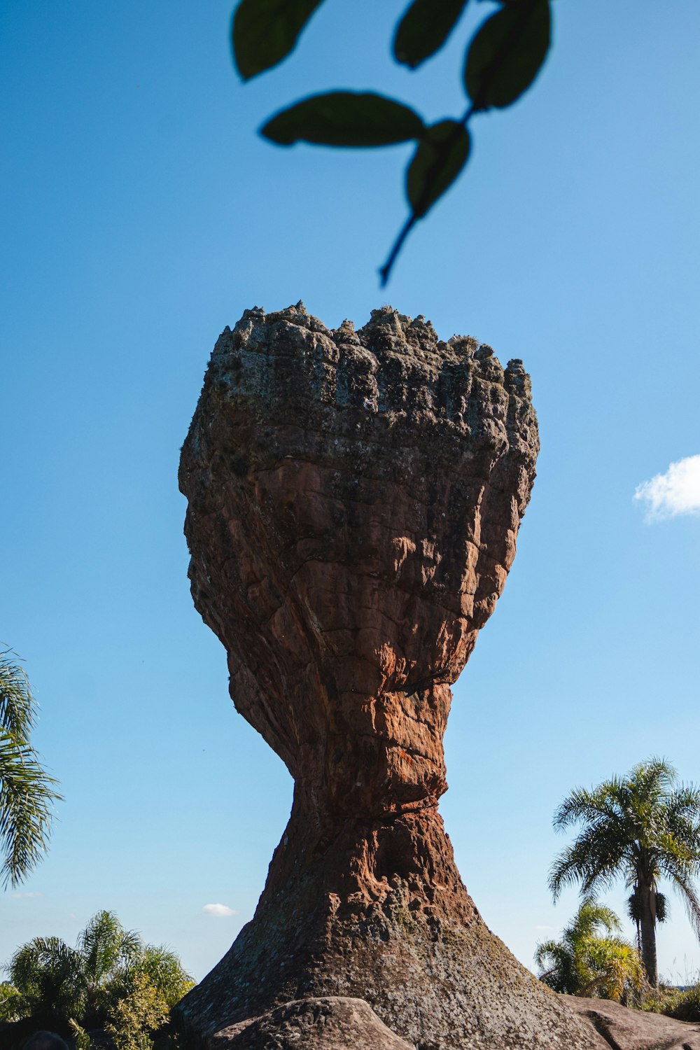 a large rock formation with trees in the background