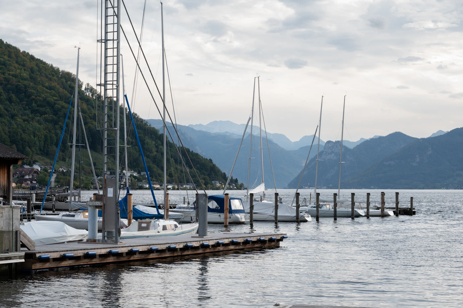 Photograph of White sailboats resting at their moorings on Traunsee beneath green mountain slopes.