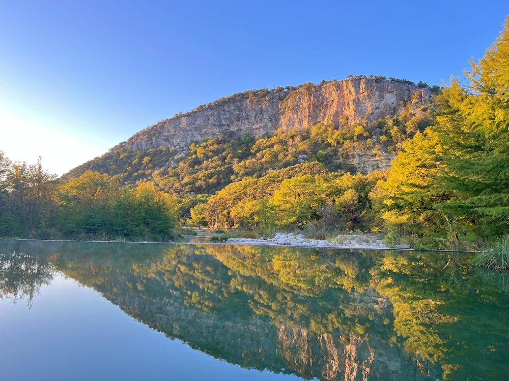 un cuerpo de agua rodeado de árboles y una montaña