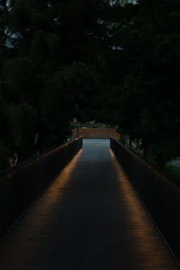 A sleek jungle pathway leading towards a hidden Muay Thai training camp at dusk with warm ambient lighting.