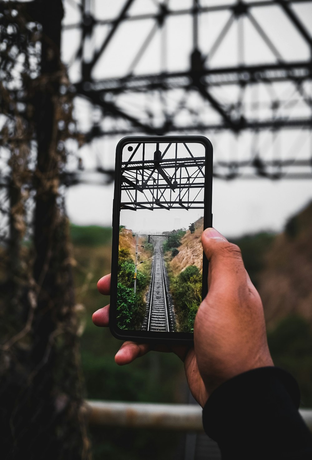 a person taking a picture of a train track