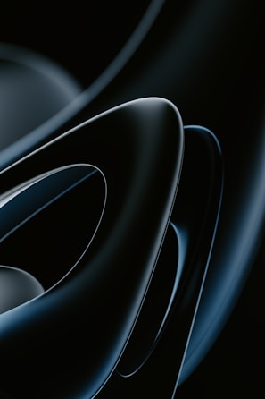 Smooth, glossy, abstract shapes in a dark color palette with overlapping curves and a futuristic appeal.