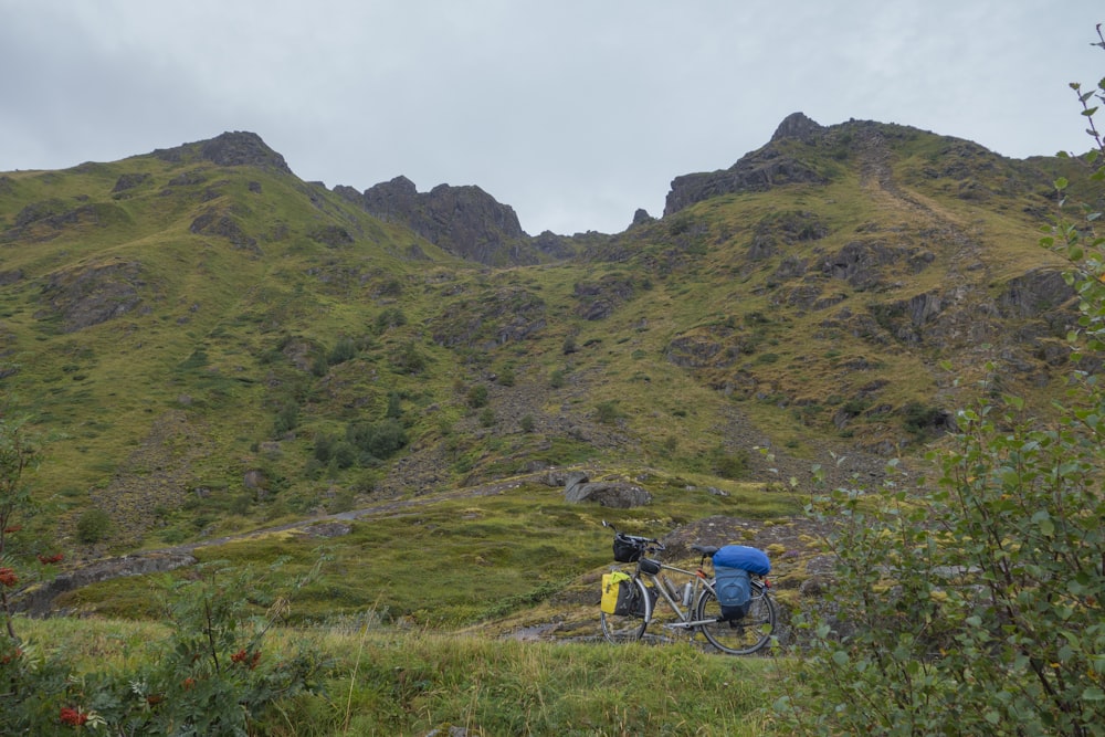 a couple of bikes parked on top of a lush green hillside