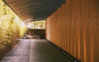 A modern walkway made of large-format pavers leading through a garden with subtle gold accent lighting.