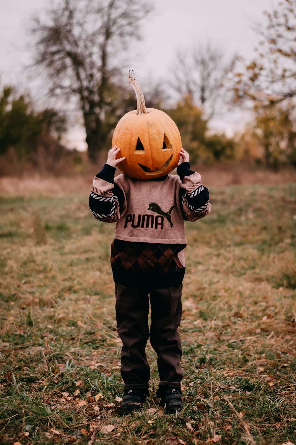 a little boy holding a pumpkin up to his face