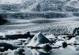 A pristine icy landscape featuring rugged glaciers and icebergs floating in calm waters. The texture of the ice suggests a cold and remote environment, with intricate patterns and layers visible on the glacier surfaces.