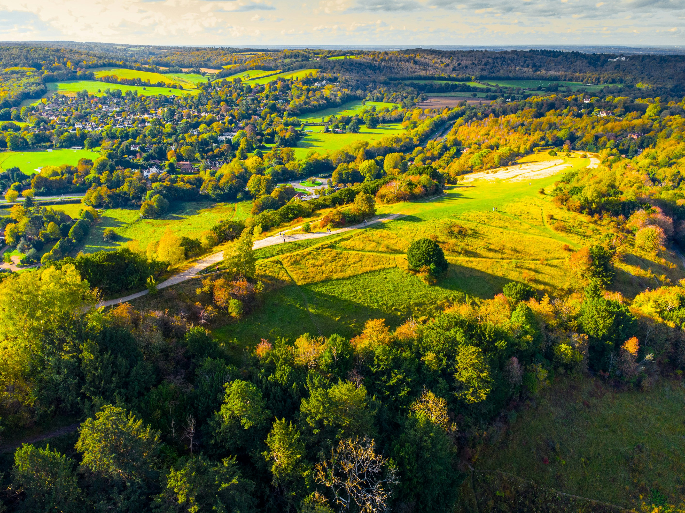 an aerial view of a lush green countryside, 