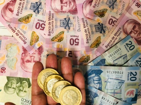 A collection of Mexican banknotes and coins is spread out. The banknotes vary in denominations and feature portraits of notable historical figures along with vibrant designs. A hand holds several gold-colored coins in the foreground.