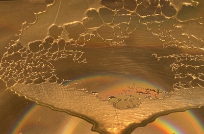 A macro shot of glistening maple syrup pooling in a small glass dish with a light reflection.