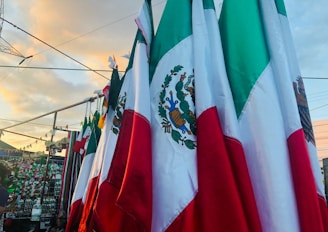 A collection of Mexican flags is displayed prominently, capturing the national symbol with vibrant colors of green, white, and red. The scene includes additional festive decorations in the background, suggesting a celebratory atmosphere. The late afternoon sky casts a warm glow over the flags.