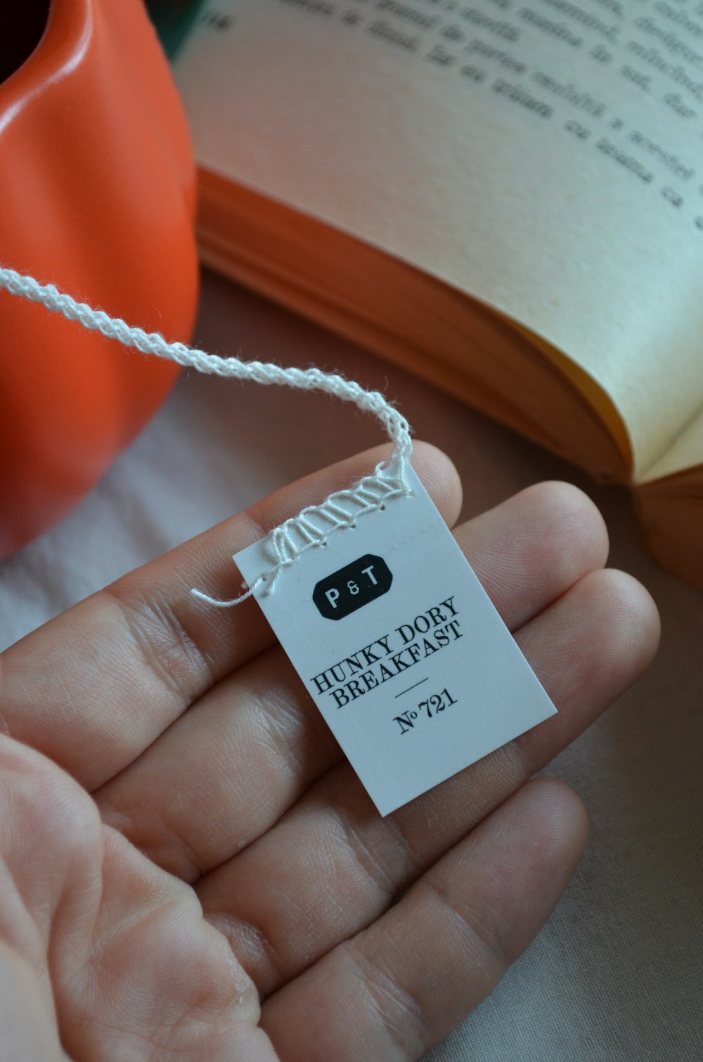a person holding a tag with a book in the background