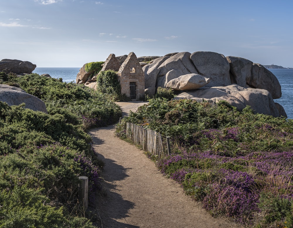 a path leading to a small house on a rock outcropping