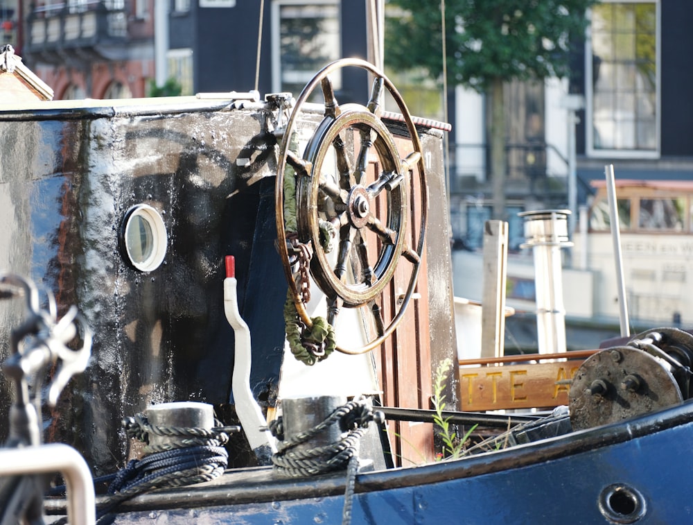 a close up of a boat with a steering wheel