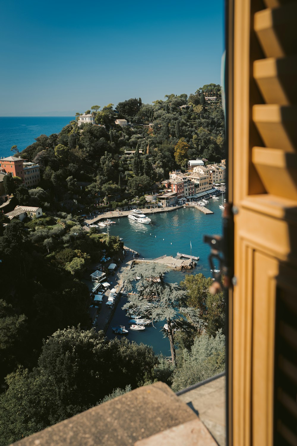 a view of a harbor from a window