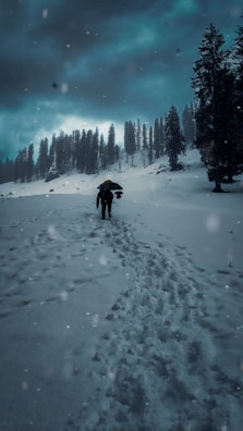 An atmospheric sketch of a lone traveler walking through a snowy mountain pass.