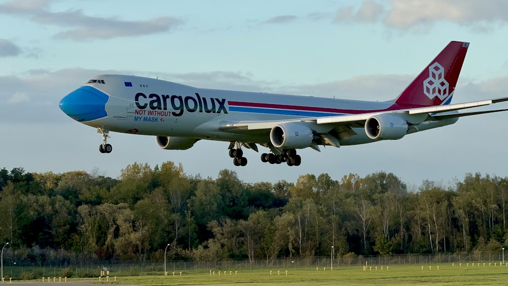 a large jetliner flying over a lush green forest