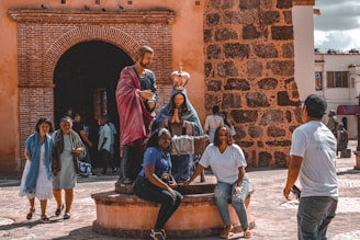 Tour group visiting a historic Christian holy site.