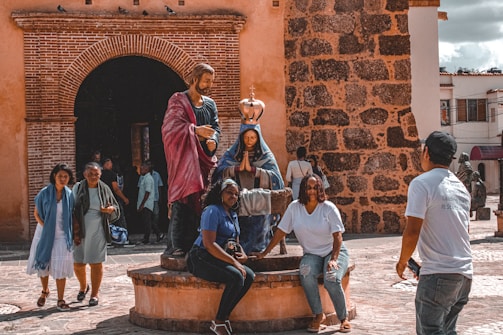 Tour group visiting a historic Christian holy site.