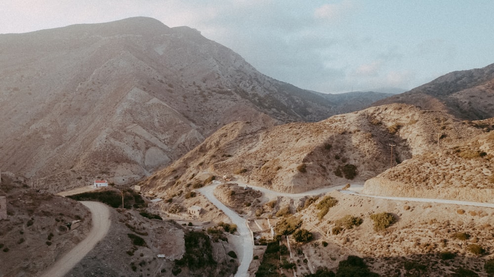 a winding road in the middle of a mountain range