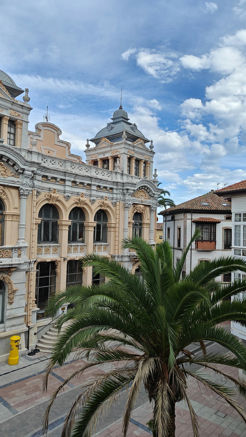 a palm tree in front of a building