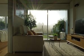 Sunlit living room with soft beach tones and cozy seating.