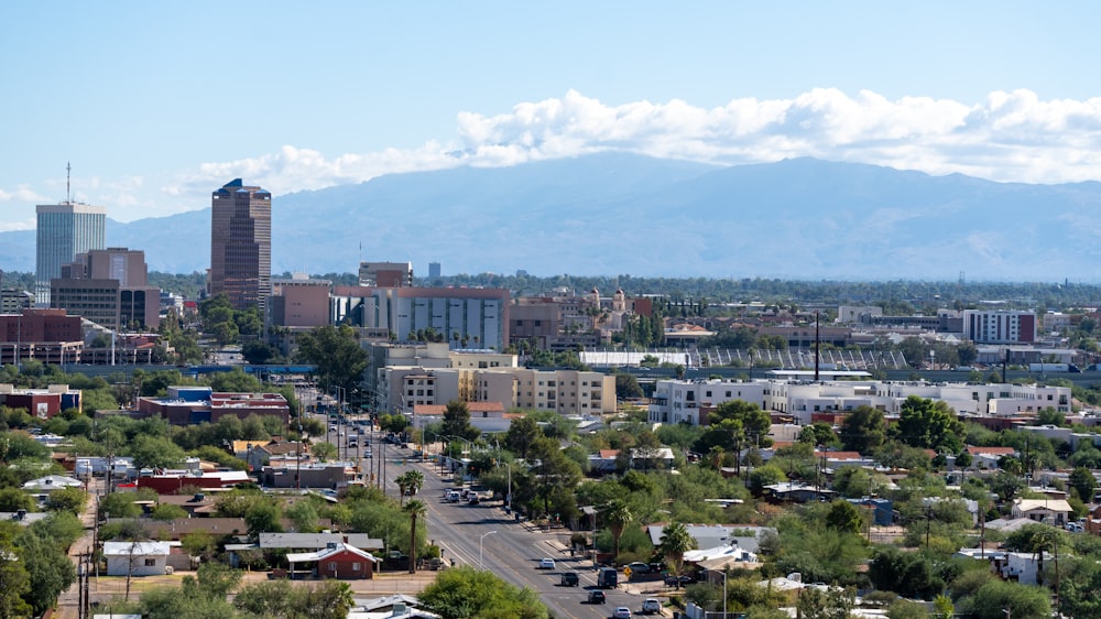 a view of a city with mountains in the background