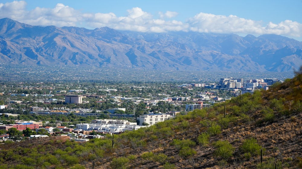 a view of a city with mountains in the background