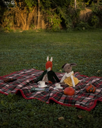 Two plush animal toys are seated on a plaid picnic blanket spread out on grass. One toy resembles a fox wearing a green jacket, and the other resembles a rabbit wearing a yellow dress. They are surrounded by small objects, including teacups and a couple of decorative gourds. The setting is outdoors, with a backdrop of green foliage and soft afternoon light.