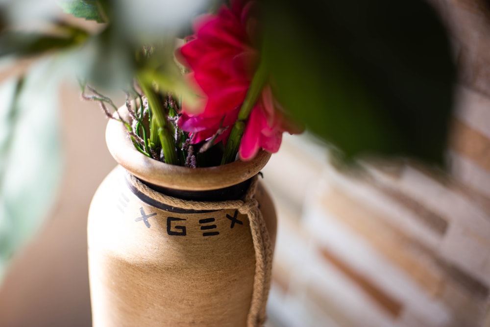 a vase filled with pink flowers on top of a table