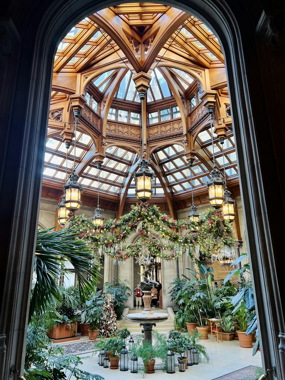 a view of a building through a large window