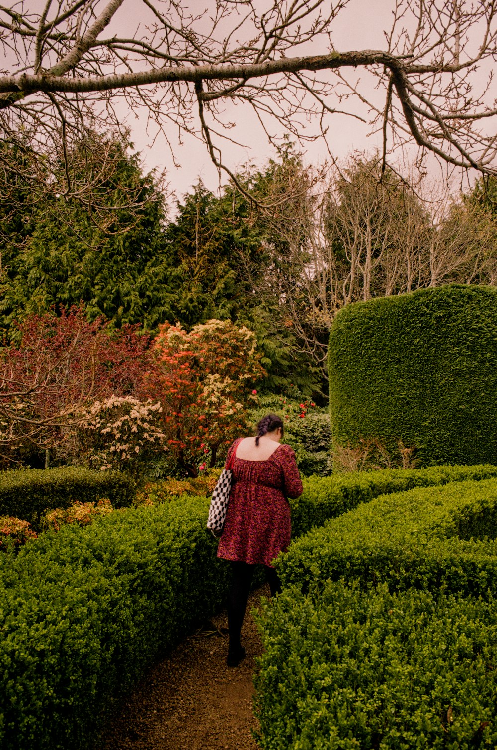 a woman in a red dress walking through a garden