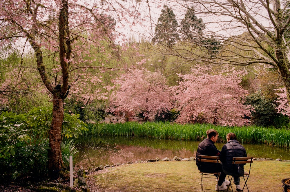 two people sitting on a bench near a pond