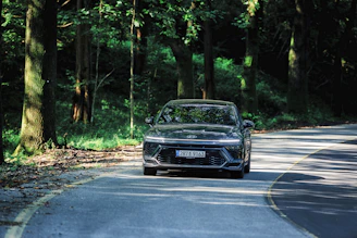 Sleek Nusantara Luxe J7 navigating a winding tropical mountain road at sunset.
