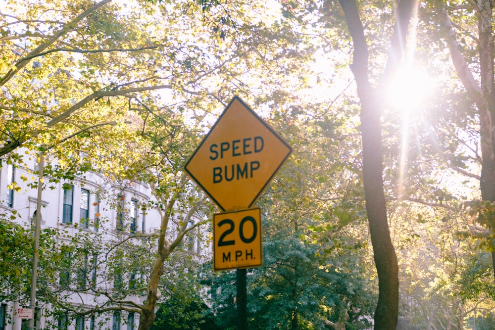 a speed bump sign on a street corner