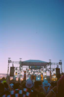 Festival-goers enjoying a sunny day with colorful banners and deep purple skies.
