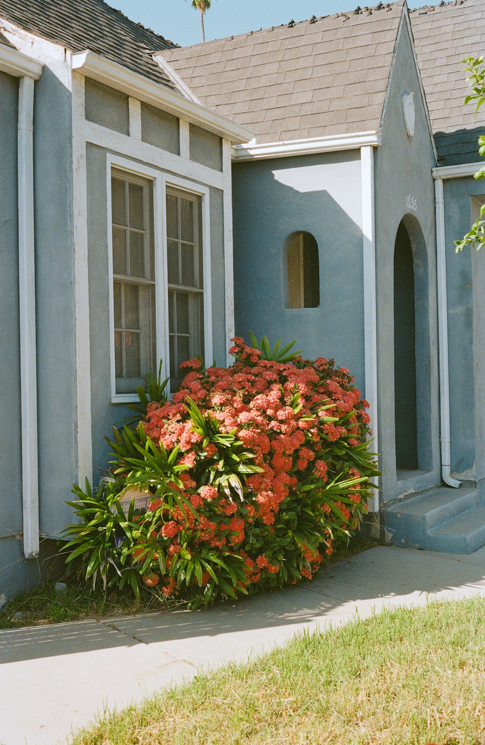 a house with a flower bed in front of it