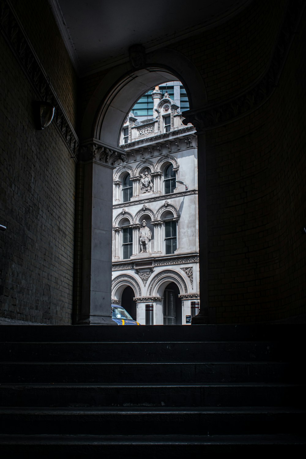 a view of a building through a doorway