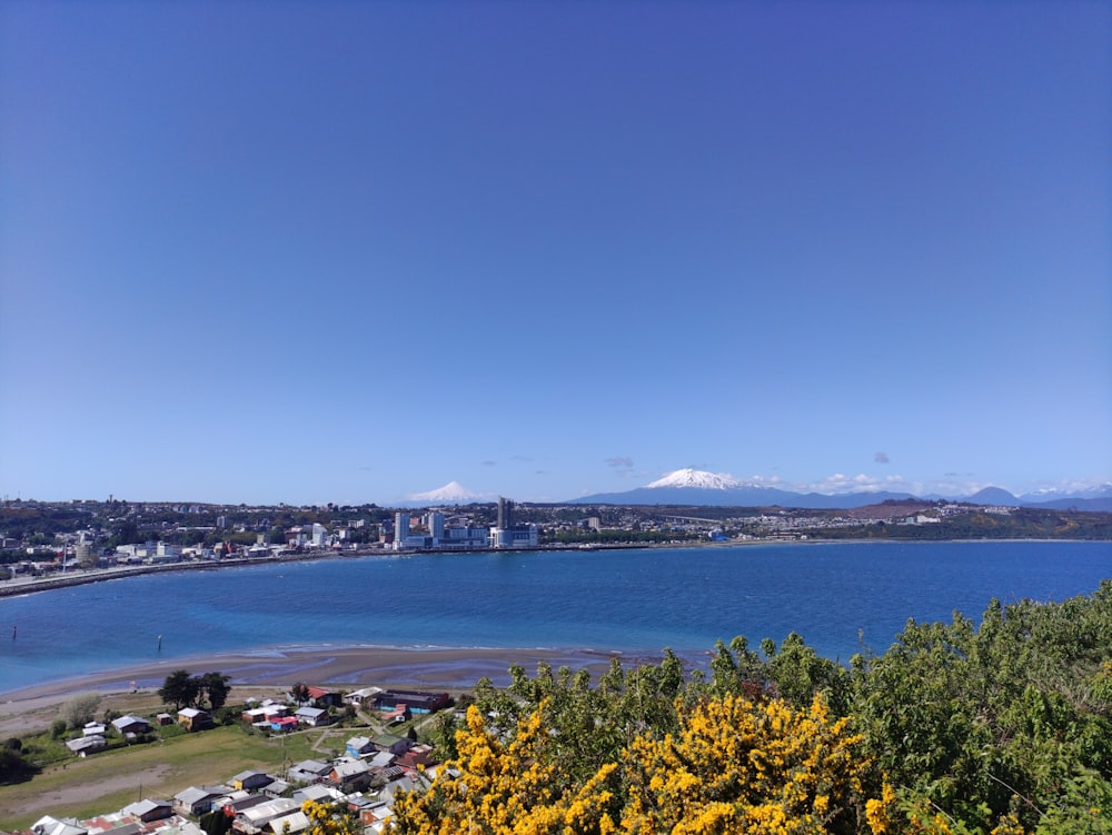 a view of a lake and a city with mountains in the background