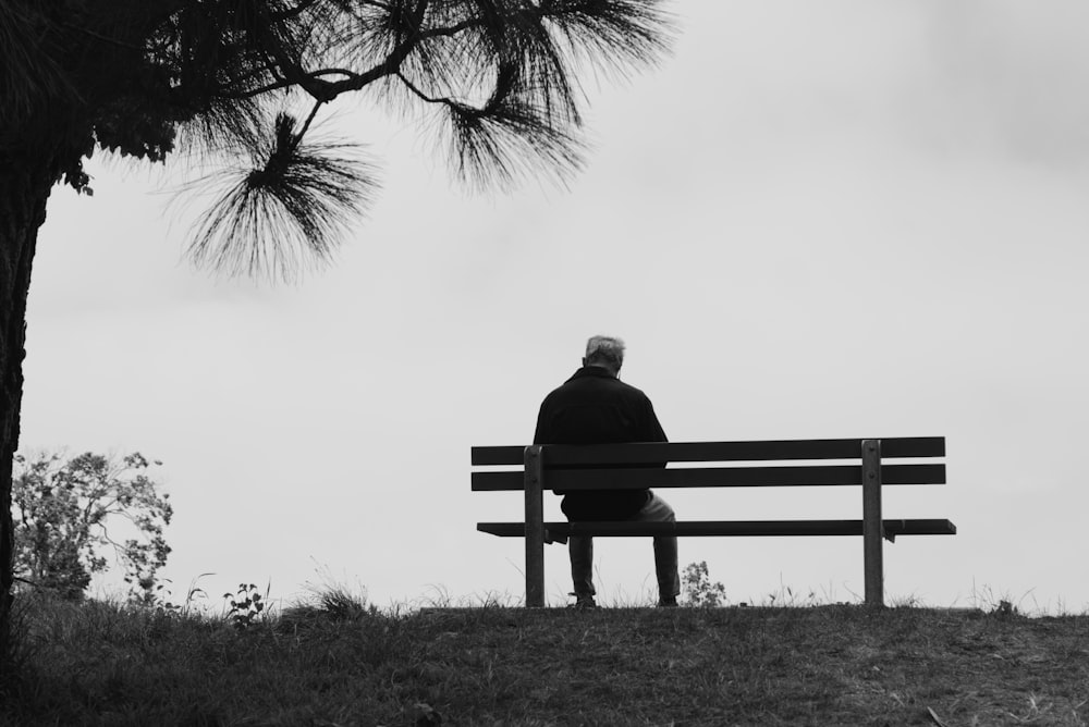 a man sitting on a park bench next to a tree