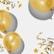 Several shiny golden balloons float alongside curling ribbons and scattered confetti on a light background, casting soft shadows.