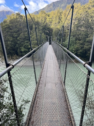 A narrow suspension bridge over a rocky mountain creek surrounded by green forest
