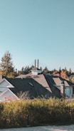 Wide shot of a house with a newly restored chimney standing tall among autumn trees.
