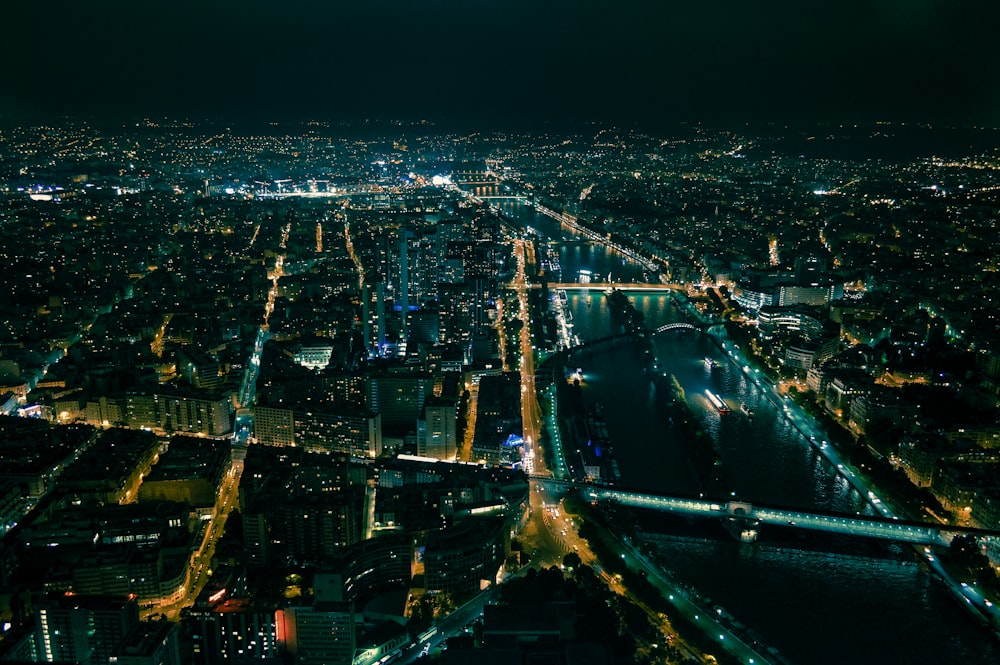 an aerial view of a city at night