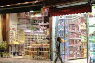 A vibrant and colorful storefront features an assortment of dried fruits, nuts, and snacks. The display shows neatly arranged goods in jars and containers. Adjacent to this is a toy store section filled with boxed dolls and various toys, illuminated by bright lights. A person is walking past the store, carrying a shopping bag.
